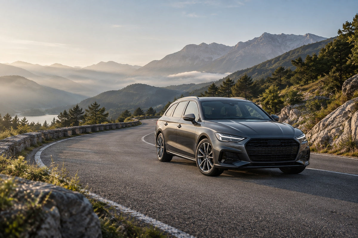 A touring car on a winding mountain road in soft morning light